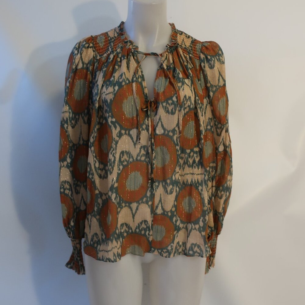 Ulla Johnson Cream, Rust and Teal Ikat Silk Peasant Blouse